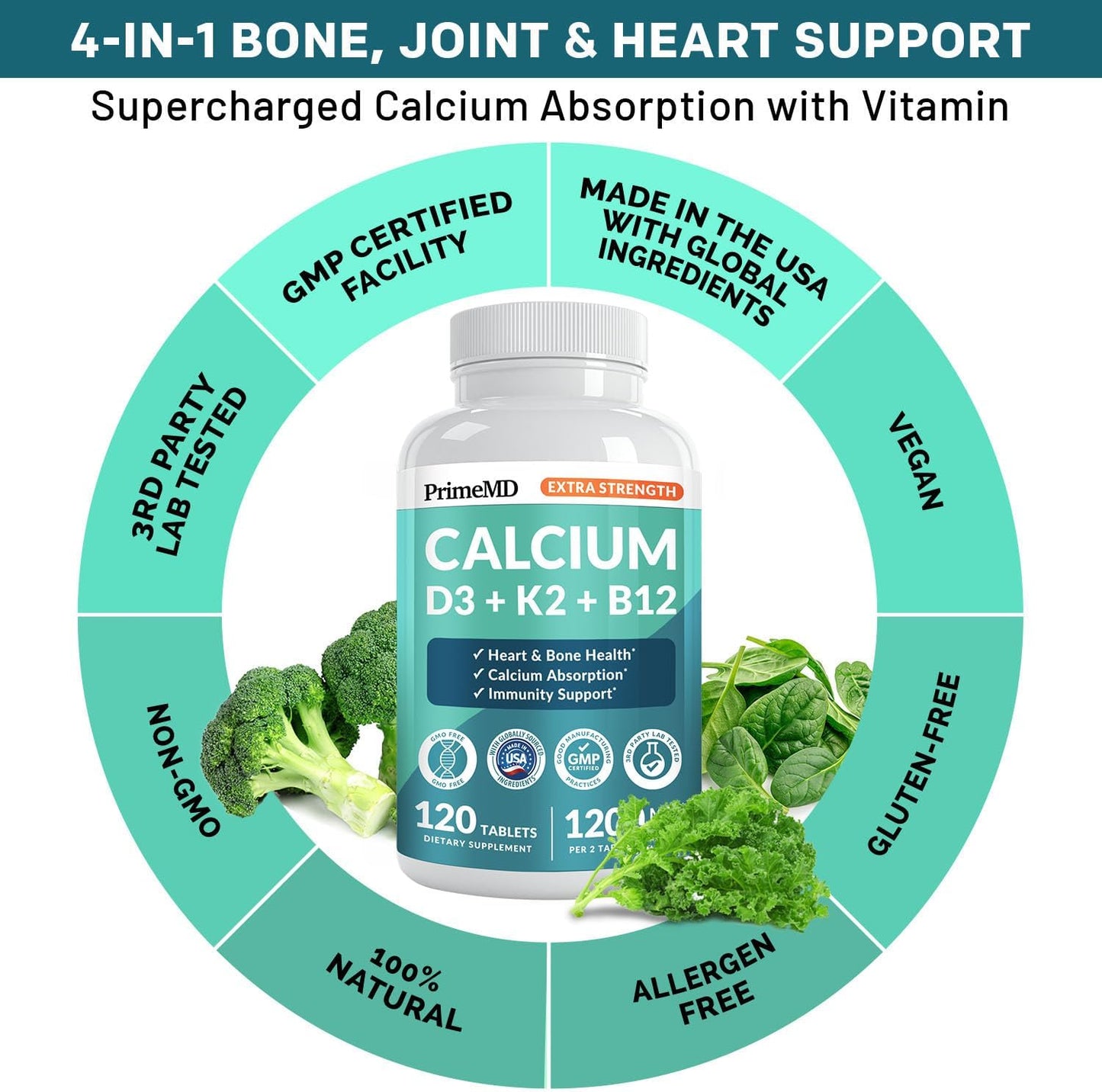 PrimeMD Extra Strength Calcium D3 + K2 + B12, 120 Tablets, 1201 mg, Exp. 6/2027