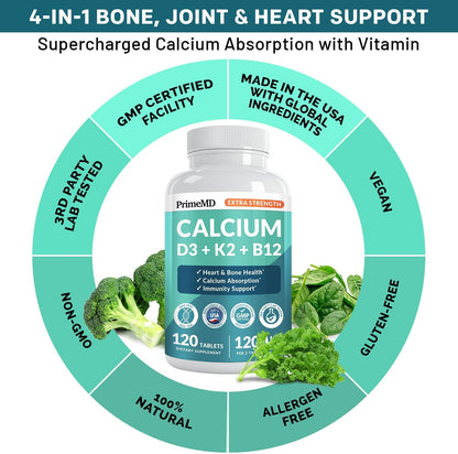 PrimeMD Extra Strength Calcium D3 + K2 + B12, 120 Tablets, 1201 mg, Exp. 6/2027