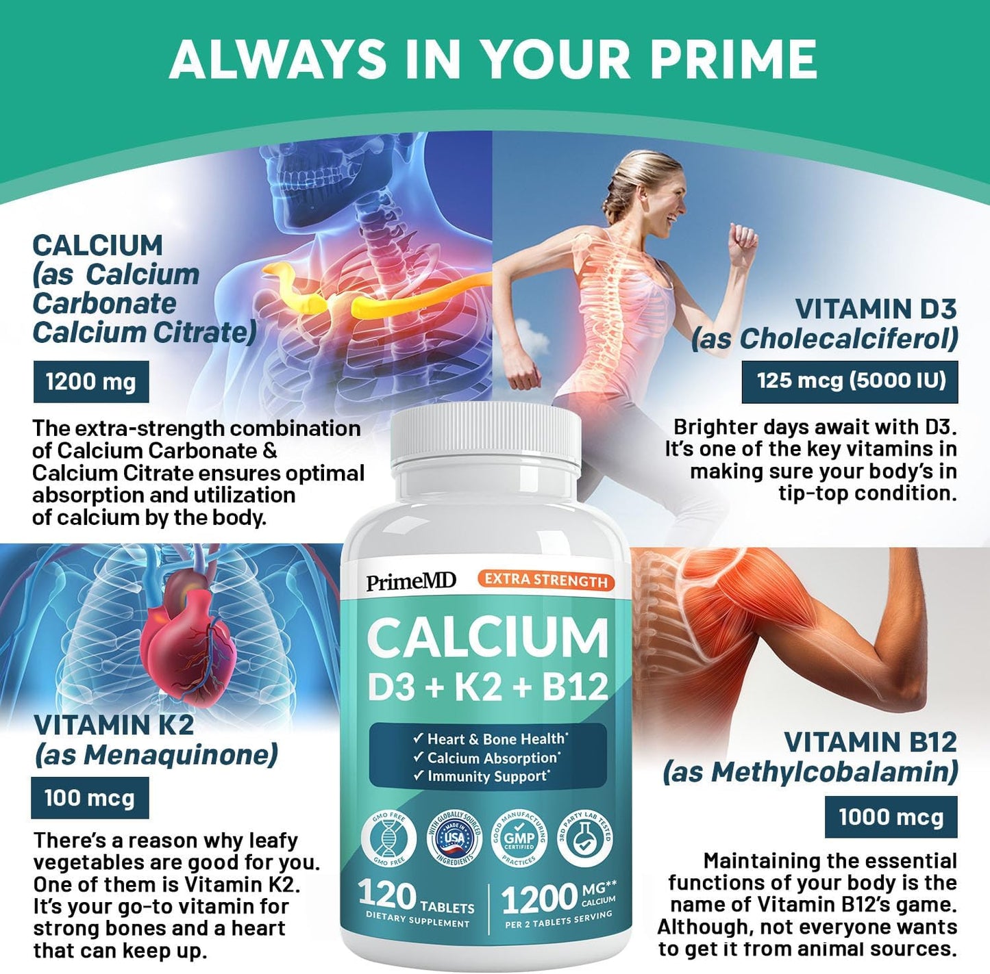 PrimeMD Extra Strength Calcium D3 + K2 + B12, 120 Tablets, 1201 mg, Exp. 6/2027