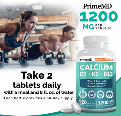 PrimeMD Extra Strength Calcium D3 + K2 + B12, 120 Tablets, 1201 mg, Exp. 6/2027