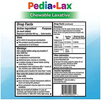 Pedia-Lax Chewable Laxative Tablets for Kids, 3 Pack, Watermelon 90 Ct, Exp 5/27