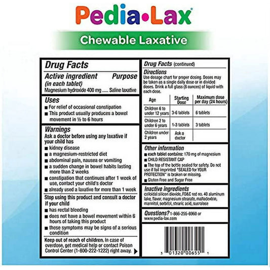 Pedia-Lax Chewable Laxative Tablets for Kids, 3 Pack, Watermelon 90 Ct, Exp 5/27