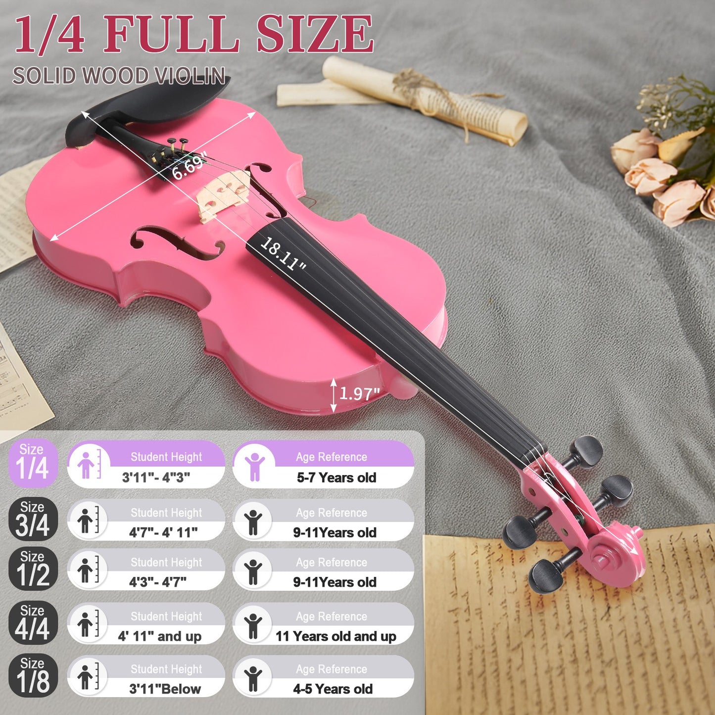 1/4 Size Kids Acoustic Violin Set with Case, Bow, and Rosin for Beginners - NEW!