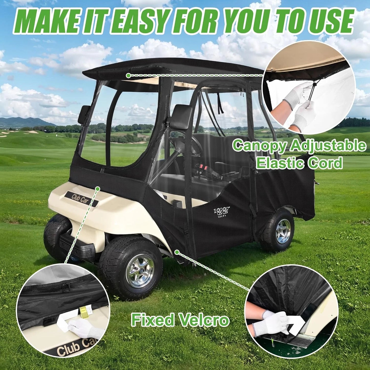 4 Passenger Golf Cart Enclosures for Club Car DS, Waterproof Black Cover - NEW!