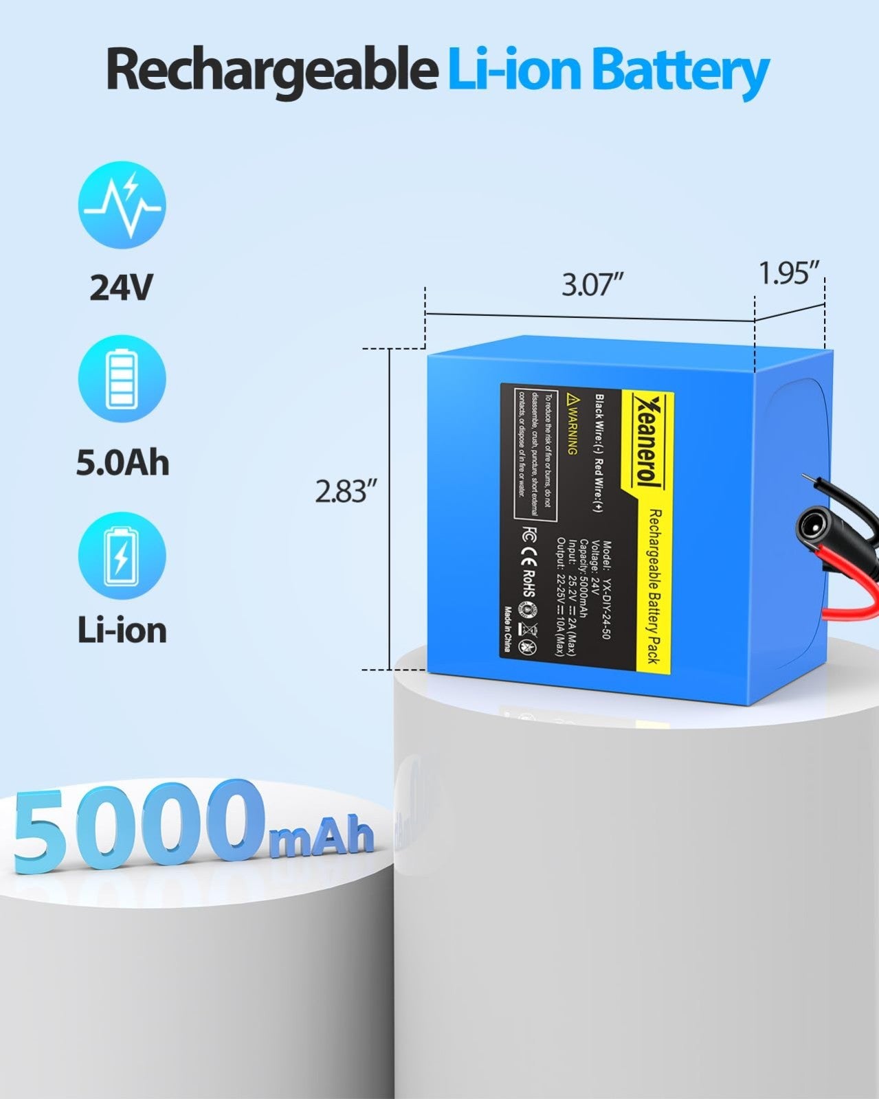 24V 5Ah Lithium-Ion Rechargeable Battery Pack & 2A Charger for RC Cars, LED - NEW!