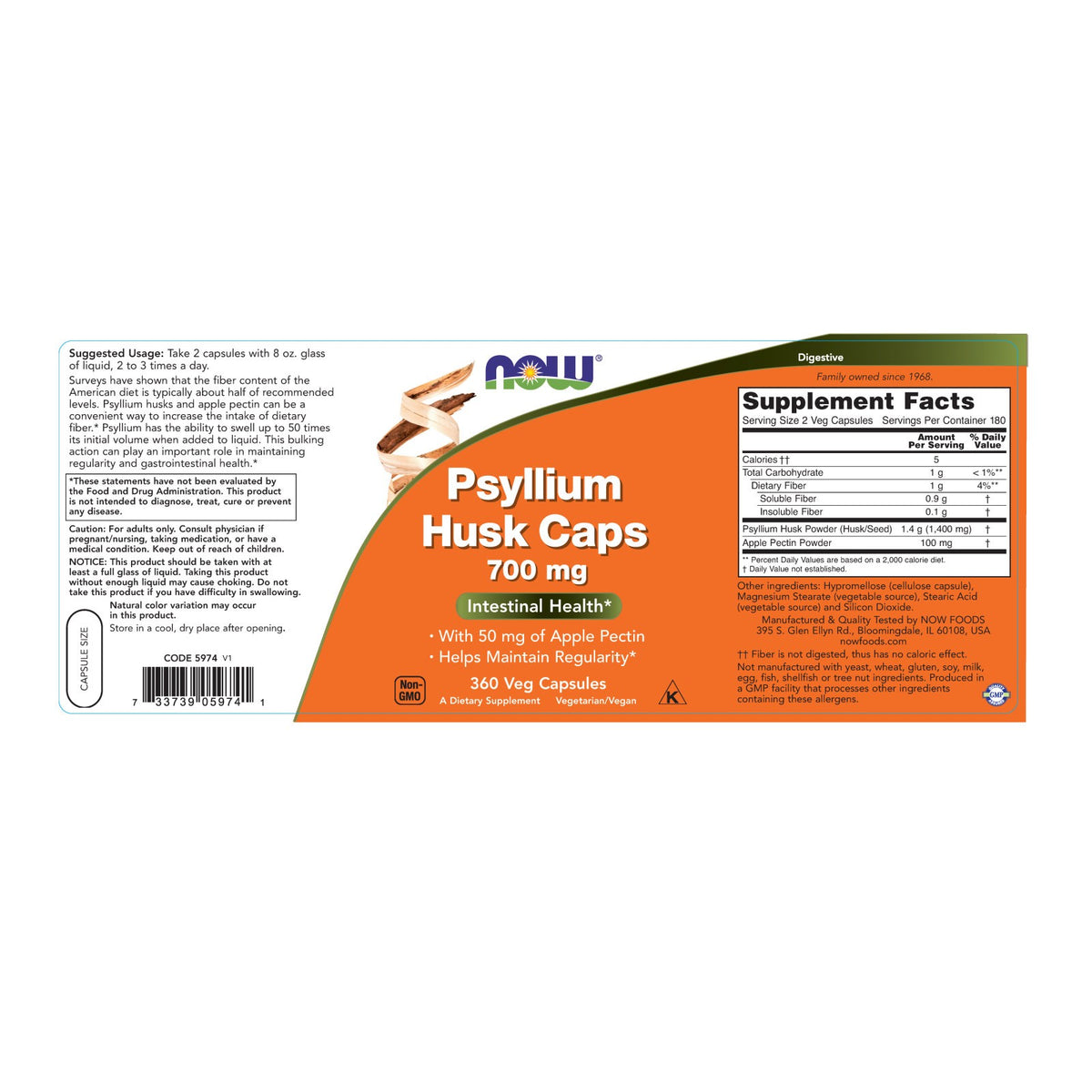 NOW FOODS Psyllium Husk 700 mg, 360 Veg Capsules, Non-GMO, Gluten Free, Keto - exp02/29
