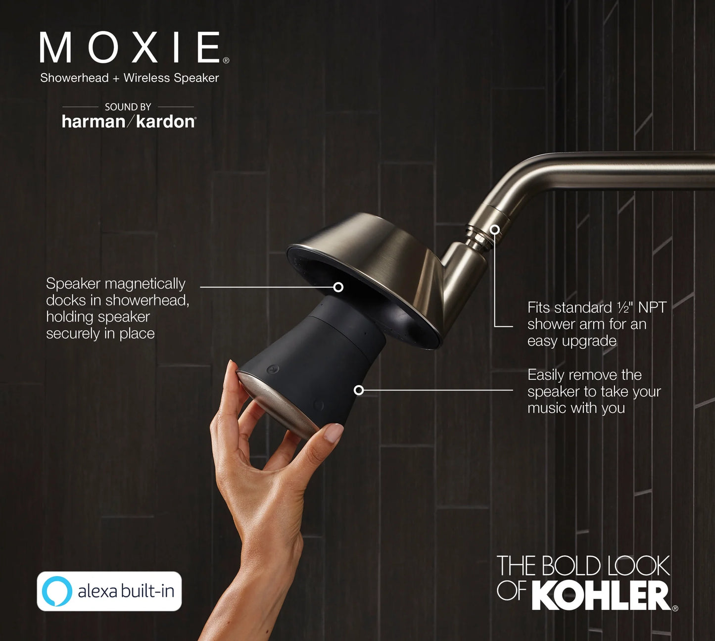 Kohler Moxie 2.5 GPM Shower Head with Bluetooth Speaker - Brushed Nickel, New!