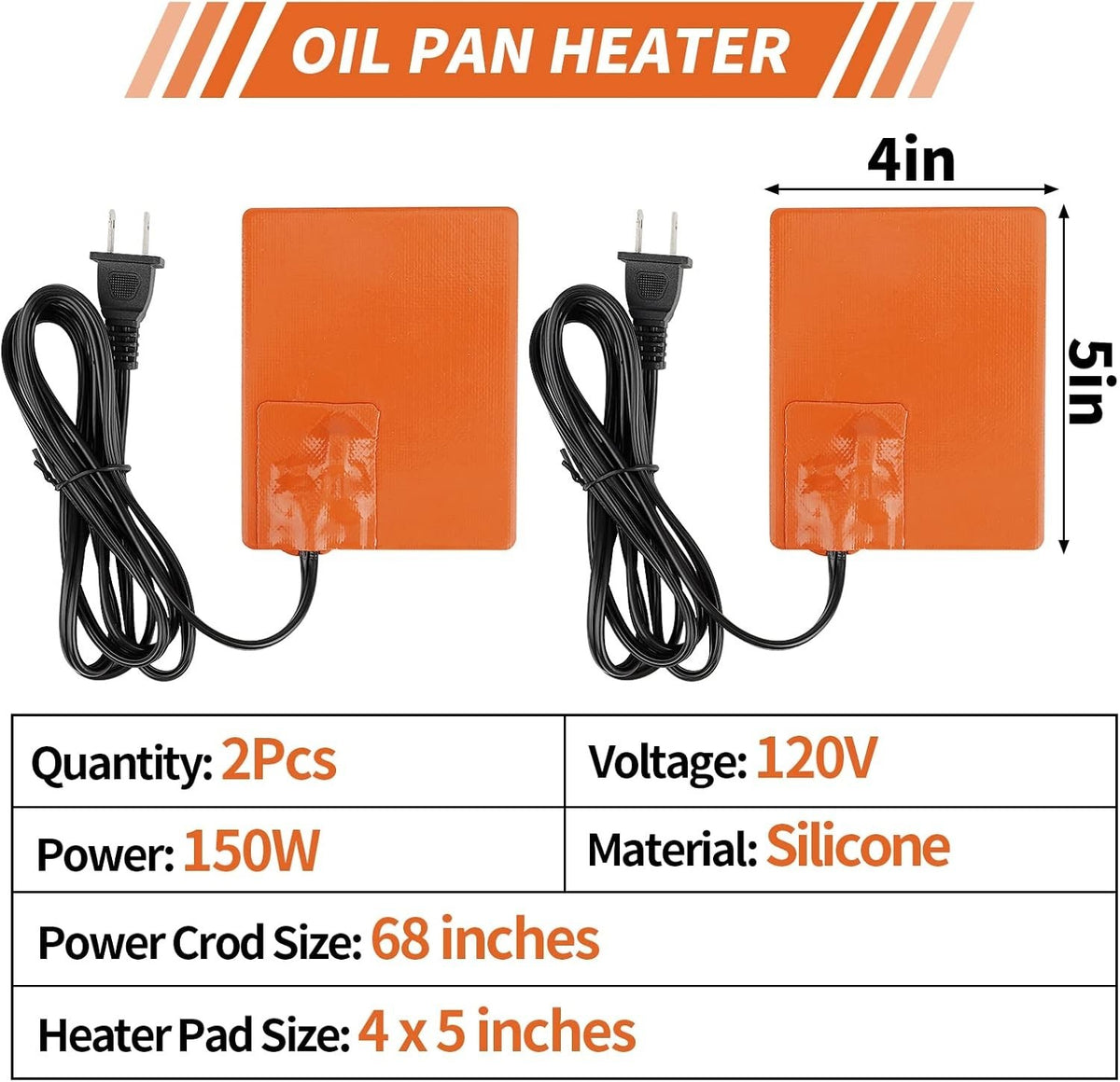 2 Pack 150W Silicone Engine Oil Pan Heater Pads 4x5 Inch 120V Adhesive - NEW!