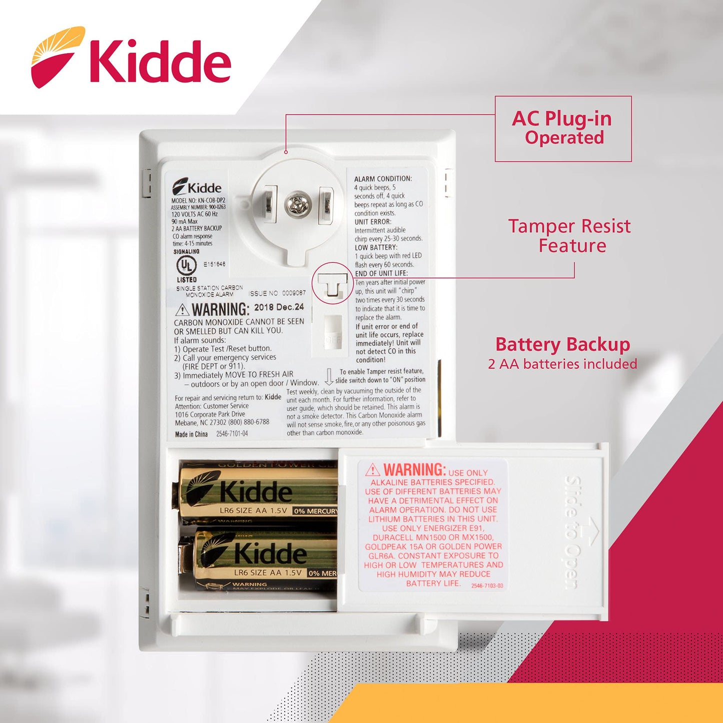 Kidde FIREX Carbon Monoxide Alarm Plug-In Detector 2 Pack KN-COB-DP2 - NEW!