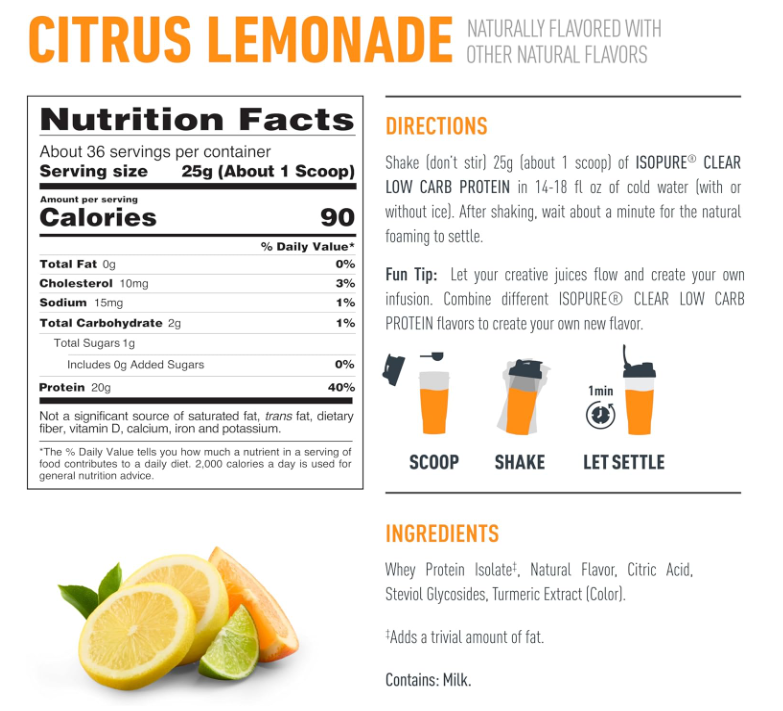 Isopure Clear Whey Isolate Protein Citrus Lemonade 36 Serv Gluten Free - exp.07/27