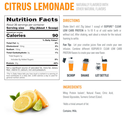 Isopure Clear Whey Isolate Protein Citrus Lemonade 36 Serv Gluten Free - exp.07/27