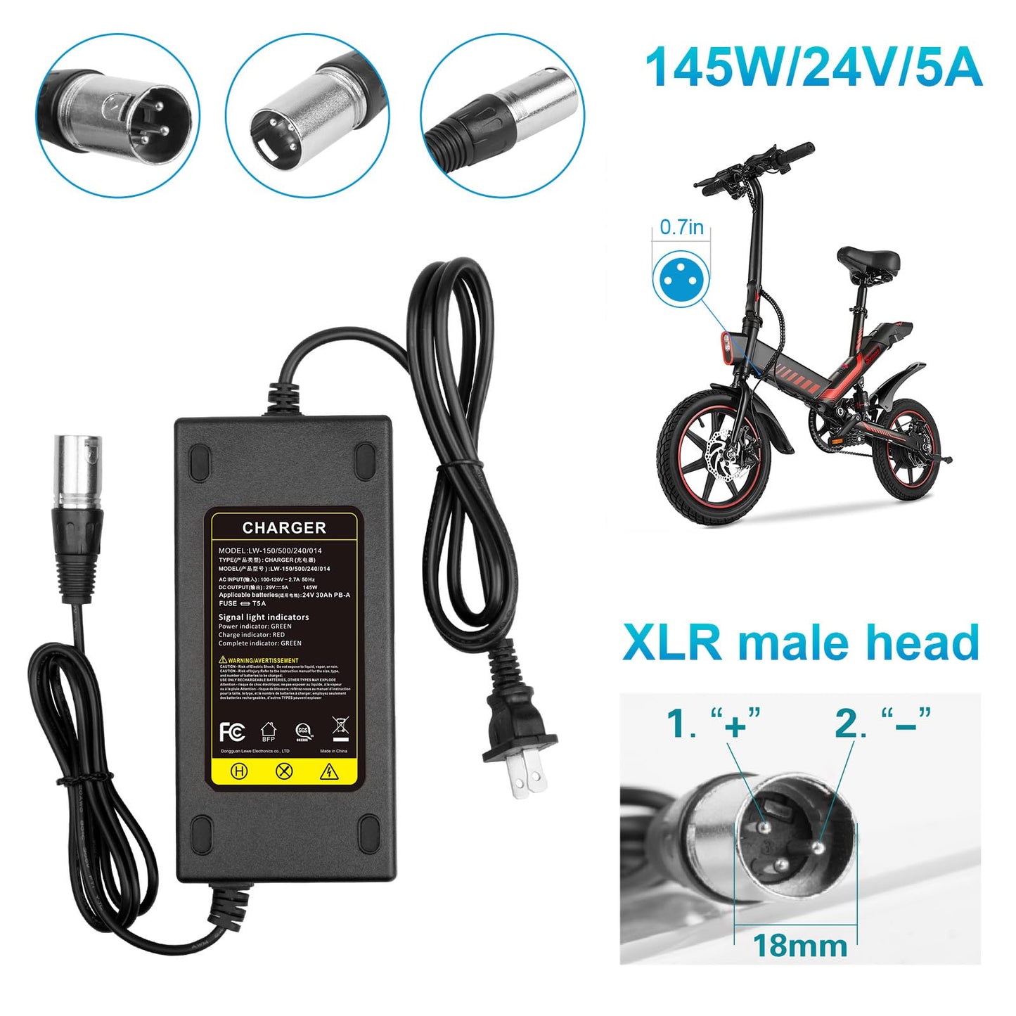 29V 5A 3-Pin Male XLR Charger for Lakematic, Pride, Jazzy, Drive, Scooters - New
