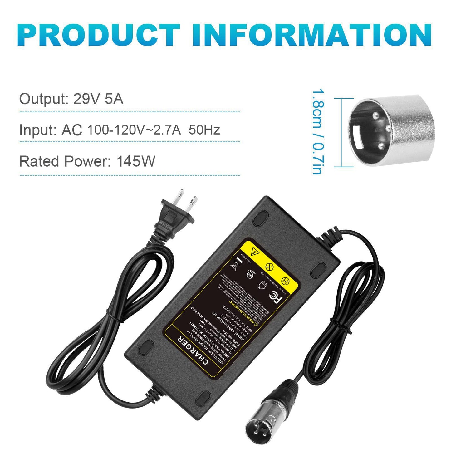 29V 5A 3-Pin Male XLR Charger for Lakematic, Pride, Jazzy, Drive, Scooters - New