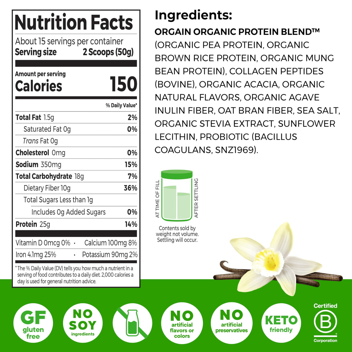 Orgain Organic Protein Powder with Collagen Vanilla Bean,1.6 lb, 25g Protein-exp01/27