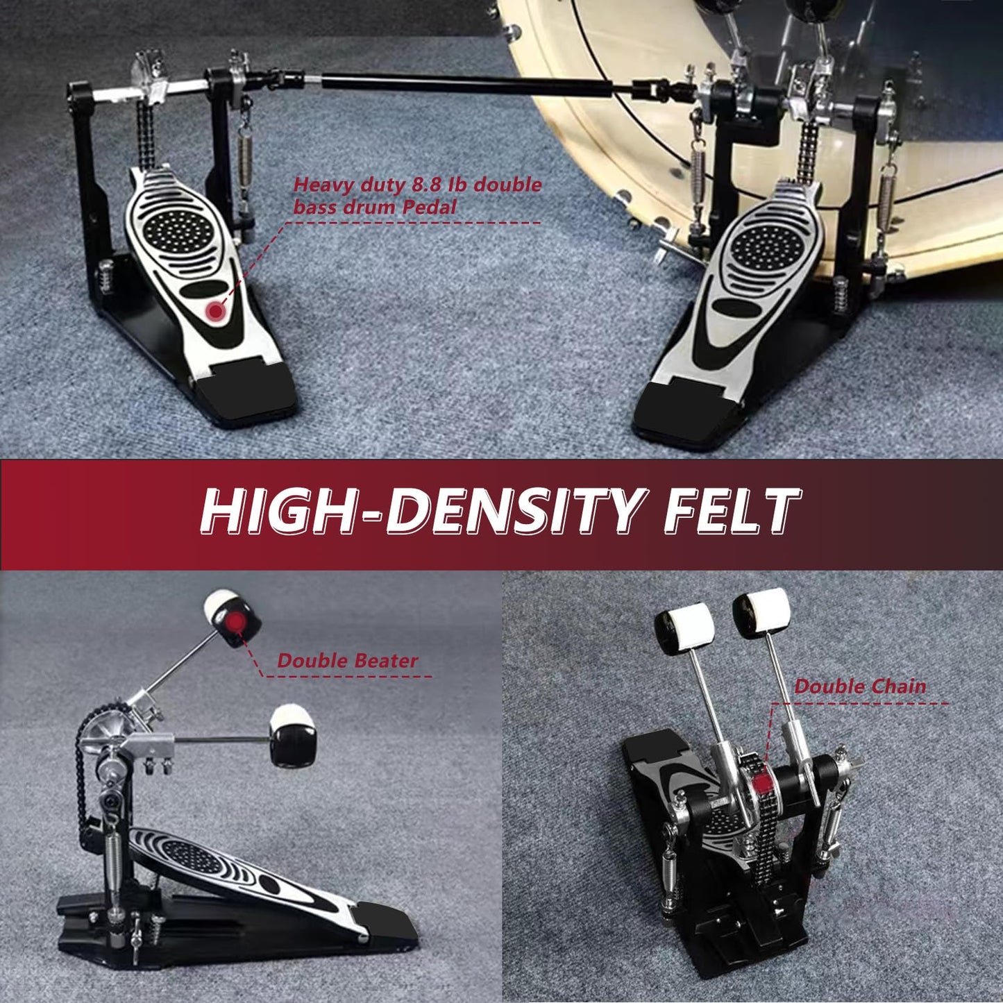 Double Bass Drum Pedal with Adjustable Chain Drive for Percussion Kits