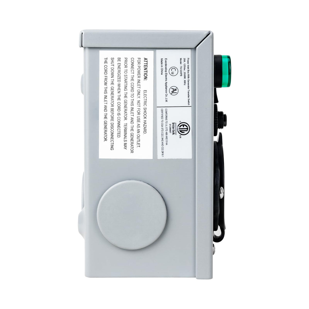 20 Amp 125V Weatherproof Generator Transfer Switch, Manual Power Inlet Box - NEW!