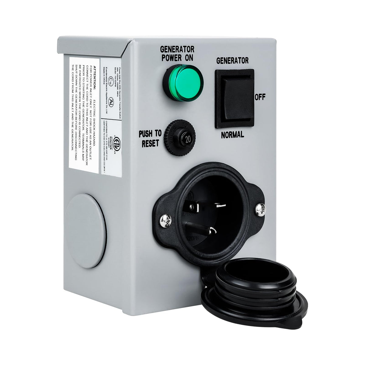 20 Amp 125V Weatherproof Generator Transfer Switch, Manual Power Inlet Box - NEW!