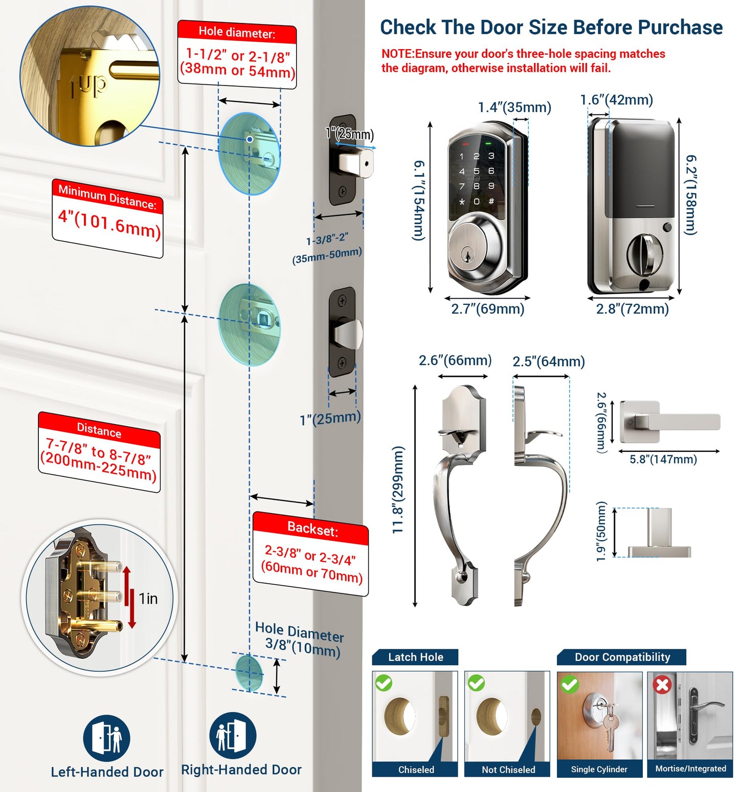 Veise VE06-H Smart Door Lock Set, Keyless Entry, App Control, Satin Nickel - NEW!
