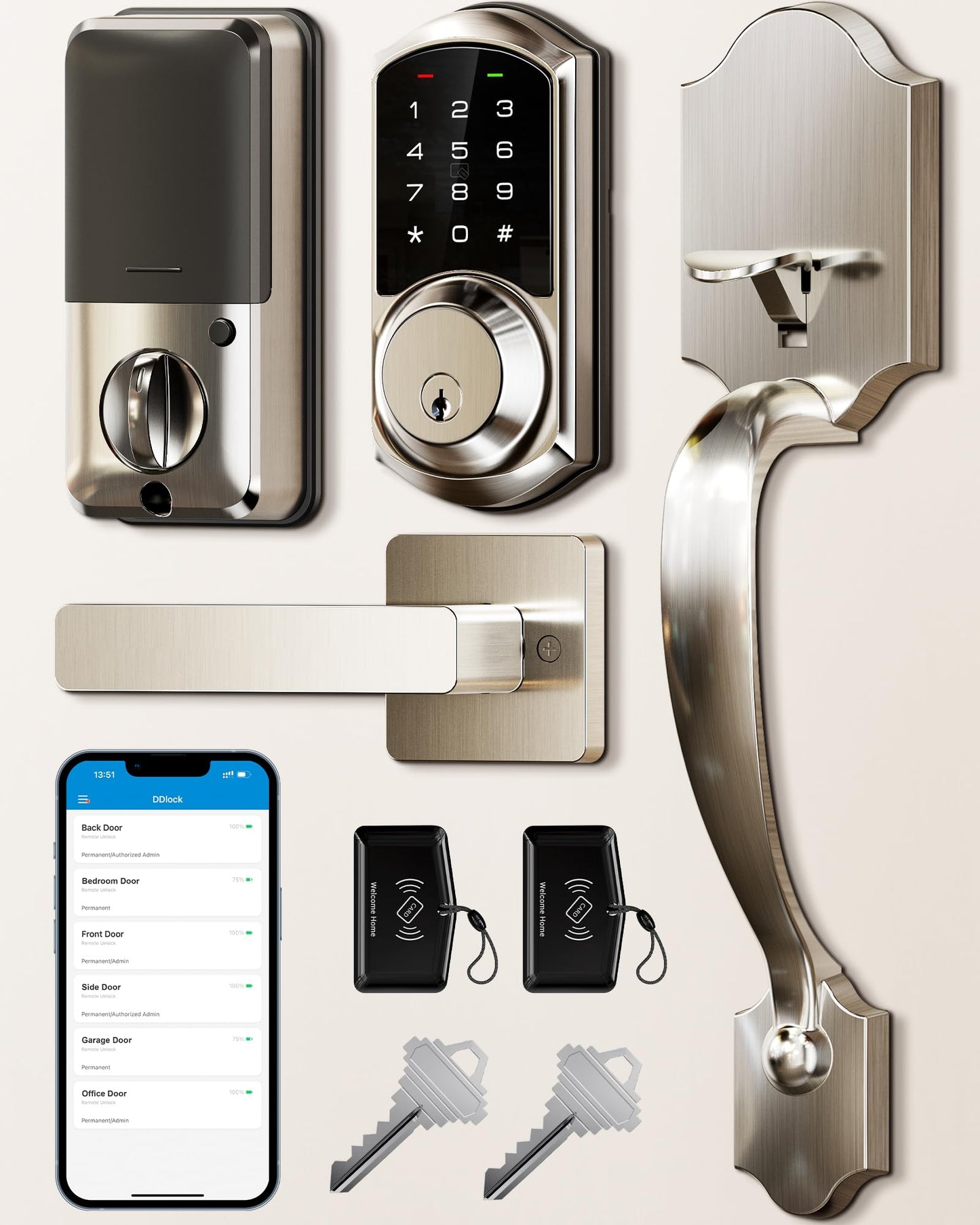 Veise VE06-H Smart Door Lock Set, Keyless Entry, App Control, Satin Nickel - NEW!