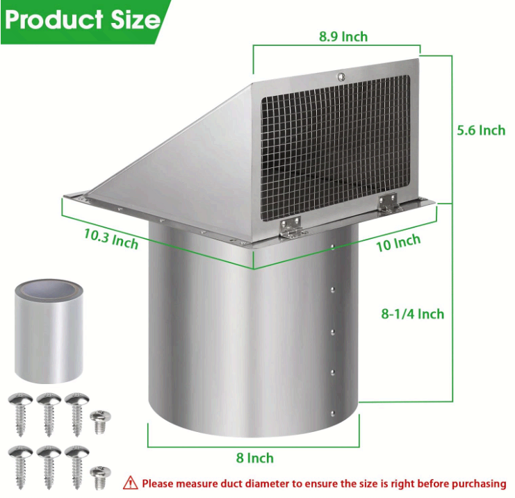8 Inch Stainless Steel Wall Vent Hood with Screen & Damper for Exhaust Air - NEW!