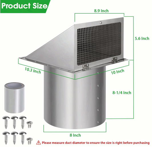 8 Inch Stainless Steel Wall Vent Hood with Screen & Damper for Exhaust Air - NEW!