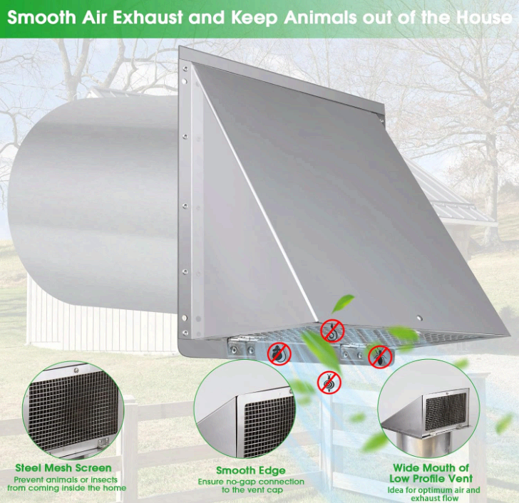8 Inch Stainless Steel Wall Vent Hood with Screen & Damper for Exhaust Air - NEW!