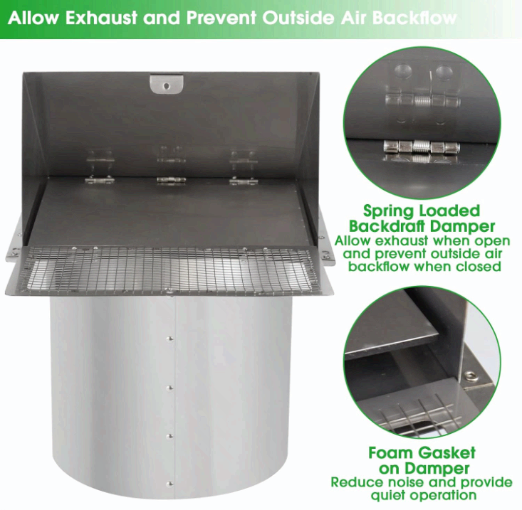 8 Inch Stainless Steel Wall Vent Hood with Screen & Damper for Exhaust Air - NEW!