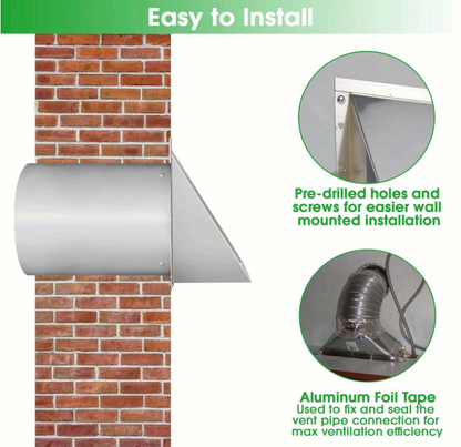 8 Inch Stainless Steel Wall Vent Hood with Screen & Damper for Exhaust Air - NEW!