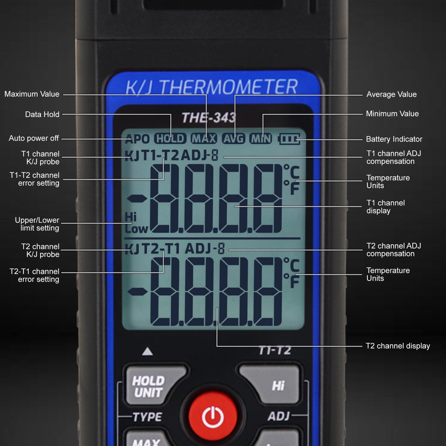 Digital K/J Thermocouple Thermometer with 4 Probes, HVAC Temperature Meter, NEW!