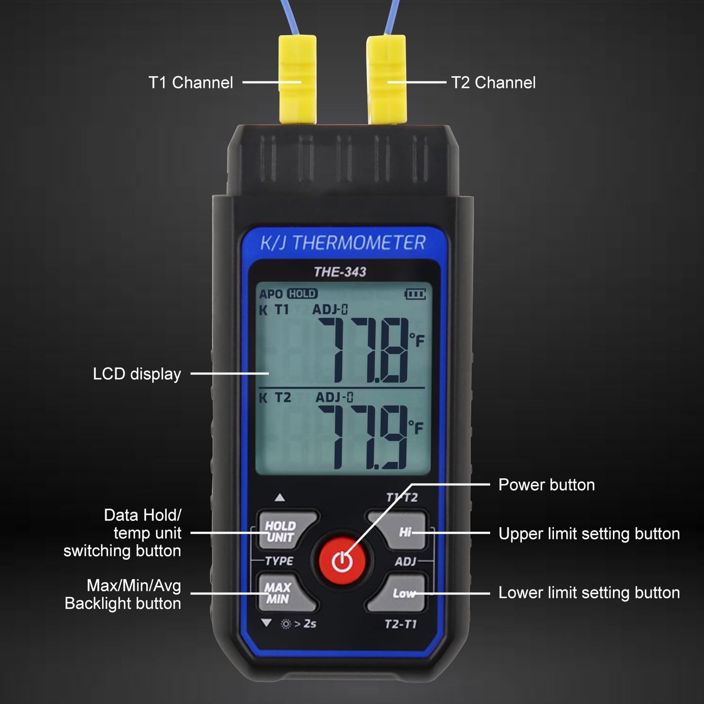 Digital K/J Thermocouple Thermometer with 4 Probes, HVAC Temperature Meter, NEW!
