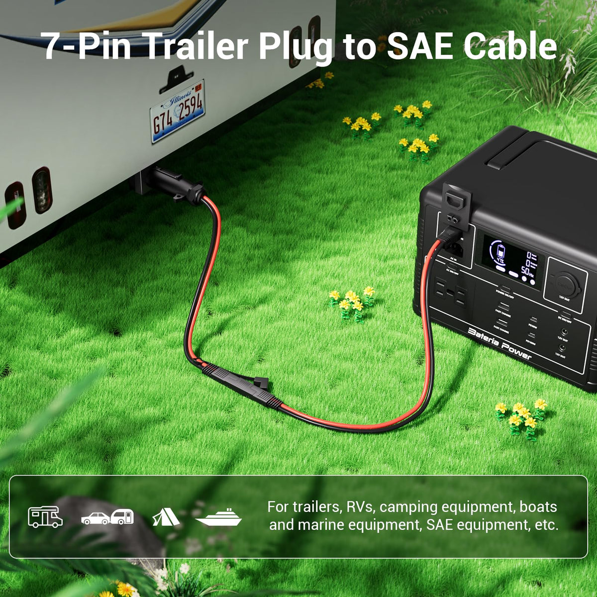 2PACK -7-Way Trailer Plug to 2-Pin SAE Adapter Cable, 10 AWG, 2 FT, 12V RV - BRAND NEW!