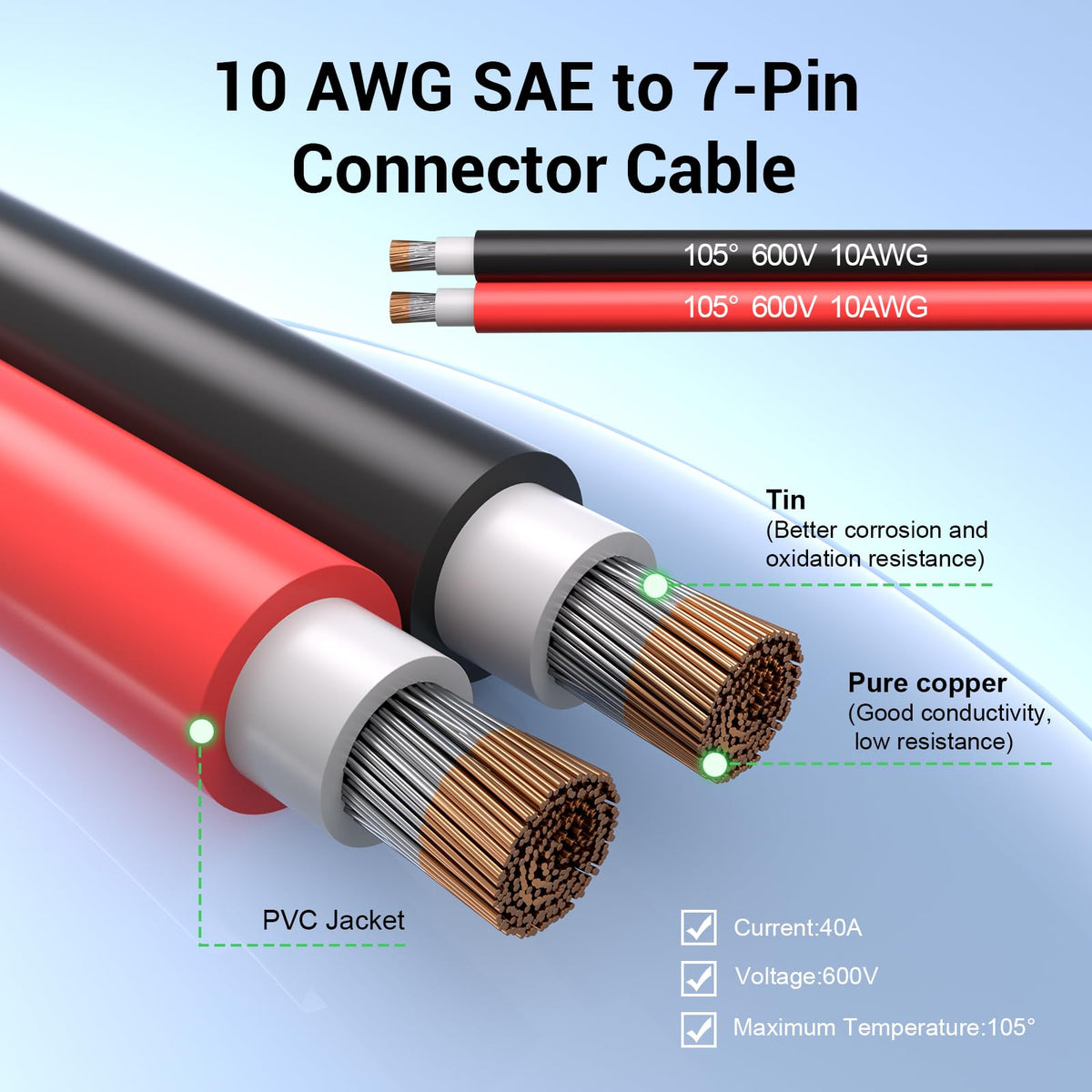 2PACK -7-Way Trailer Plug to 2-Pin SAE Adapter Cable, 10 AWG, 2 FT, 12V RV - BRAND NEW!