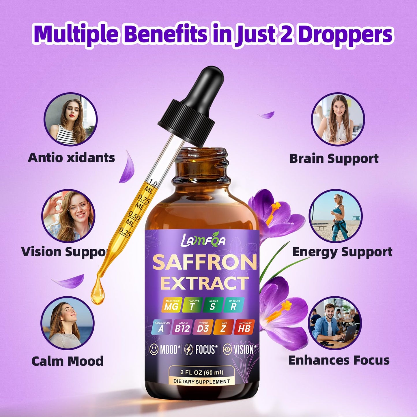 LAMFQA Saffron Extract for Anxiety Relief, Mood & Eye Health, 2 oz, Exp. 11/27
