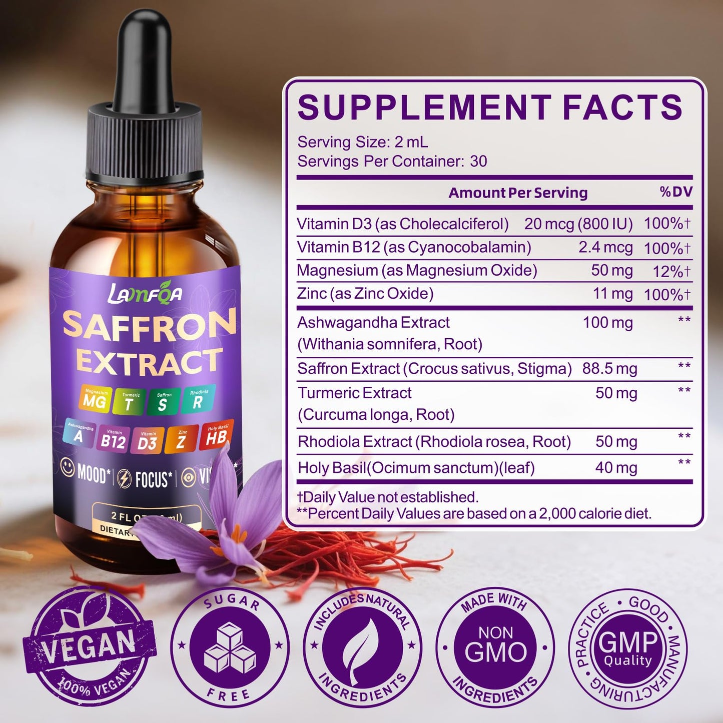 LAMFQA Saffron Extract for Anxiety Relief, Mood & Eye Health, 2 oz, Exp. 11/27