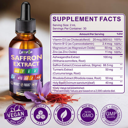 LAMFQA Saffron Extract for Anxiety Relief, Mood & Eye Health, 2 oz, Exp. 11/27