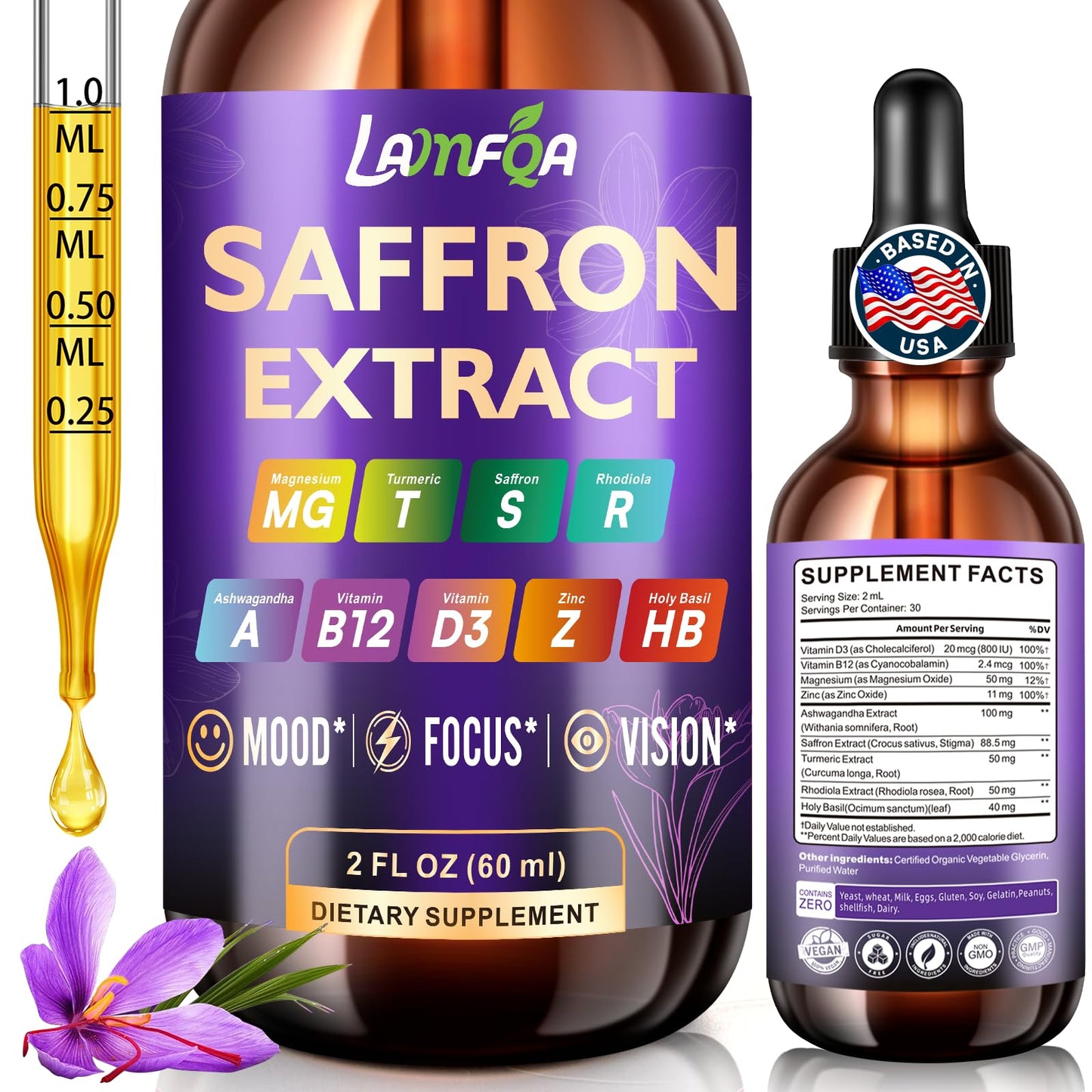 LAMFQA Saffron Extract for Anxiety Relief, Mood & Eye Health, 2 oz, Exp. 11/27