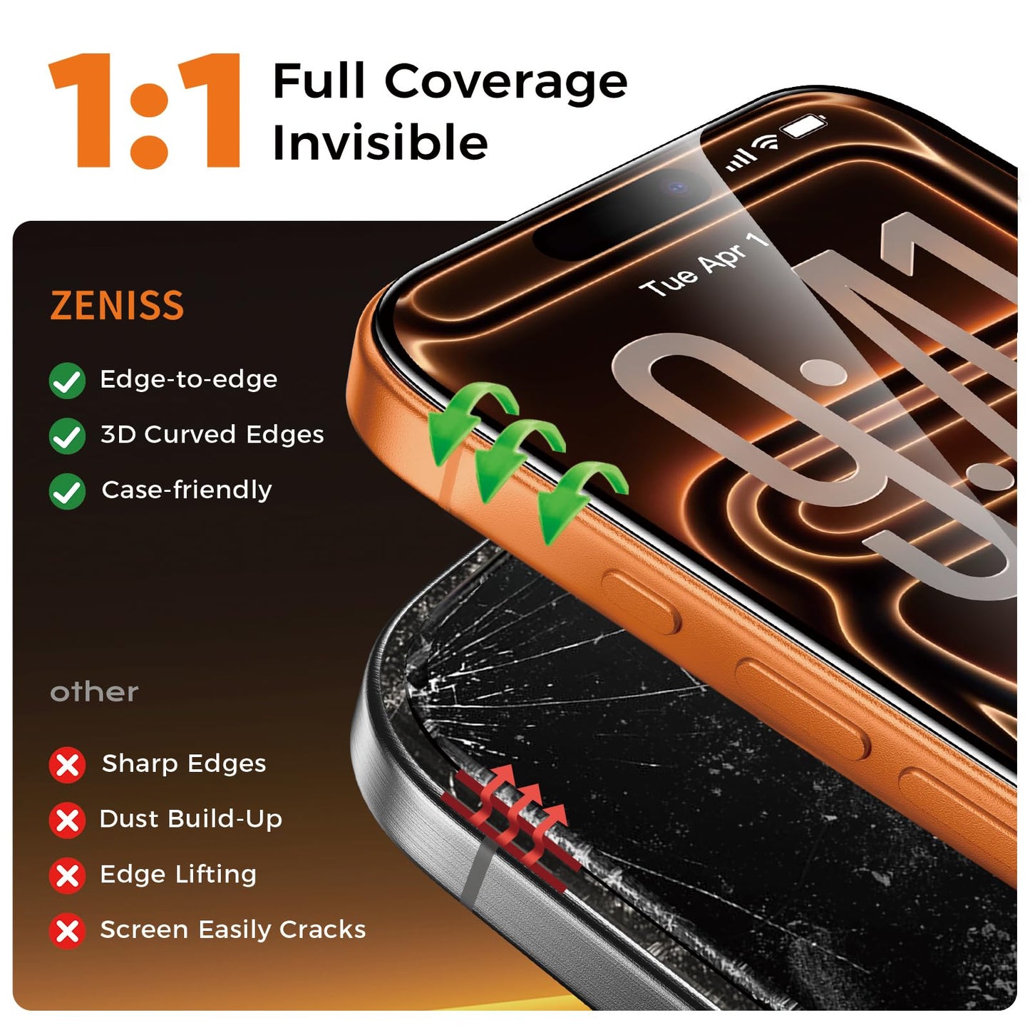 NeverBreak Military Grade 9H+ iPhone 17 Pro / 15 + Screen Protector 2 Pack, New!
