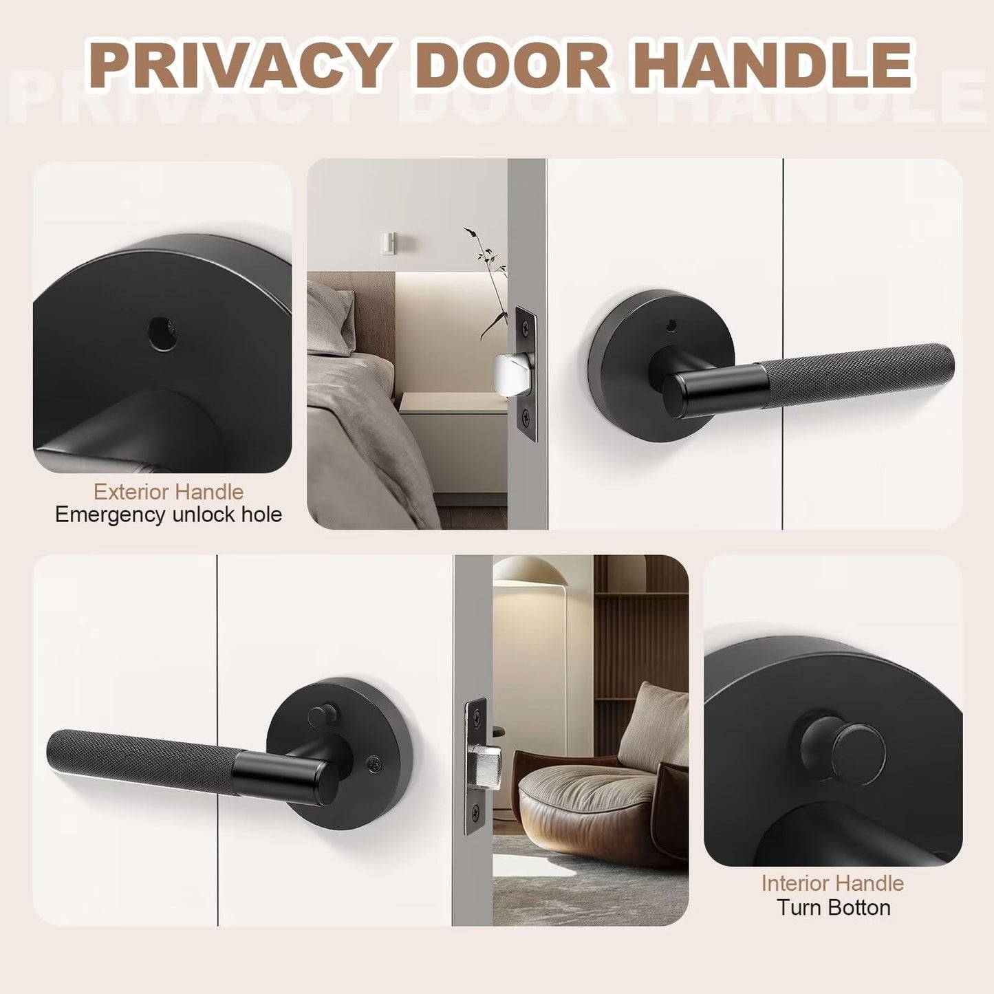 Nizado Black Knurled Privacy Door Handle Locking, Adjustable Latch, Modern Fit - NEW!