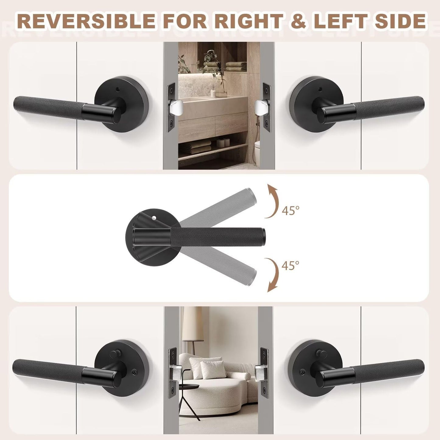 Nizado Black Knurled Privacy Door Handle Locking, Adjustable Latch, Modern Fit - NEW!