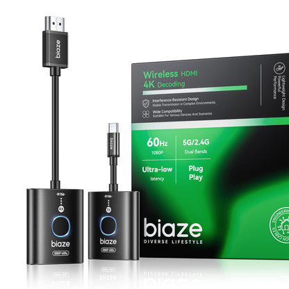 Biaze USB-C Wireless HDMI Transmitter Receiver 165FT 1080P 60Hz Plug Play - NEW!