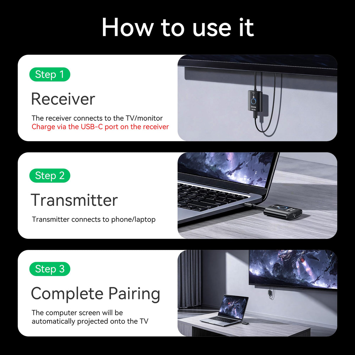 Biaze USB-C Wireless HDMI Transmitter Receiver 165FT 1080P 60Hz Plug Play - NEW!