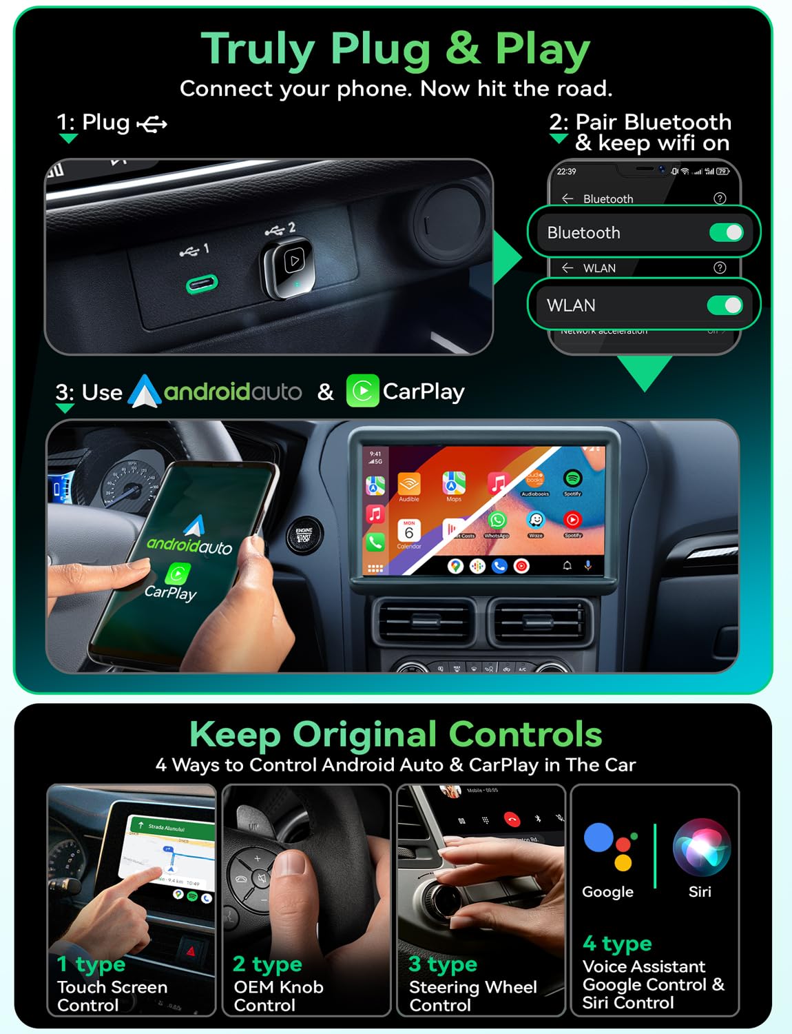 Mavlou Wireless Carplay & Android Auto Adapter Mini, Metal Design, Plug & Play