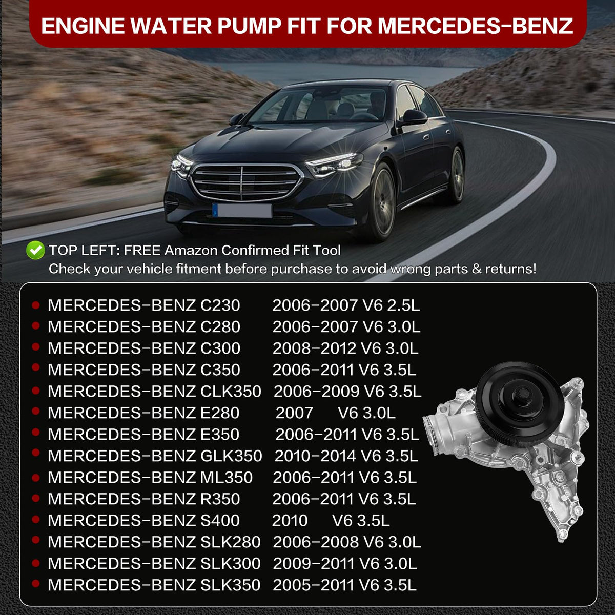 AW6142 Engine Water Pump for Mercedes-Benz E350 C300 C350 ML350 2006-2011 - NEW!
