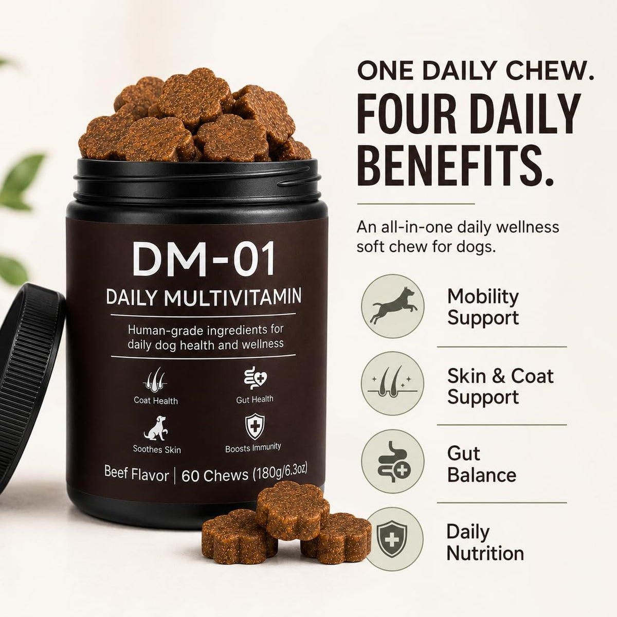 Dog Multivitamin Soft Chews, 12-in-1 Joint, Gut and Coat Support, Beef Flavor - NEW!