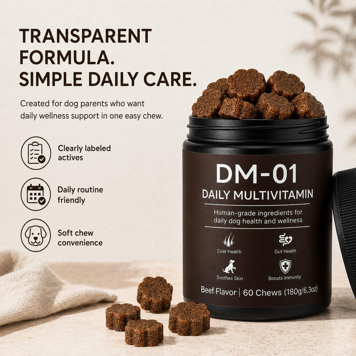 Dog Multivitamin Soft Chews, 12-in-1 Joint, Gut and Coat Support, Beef Flavor - NEW!