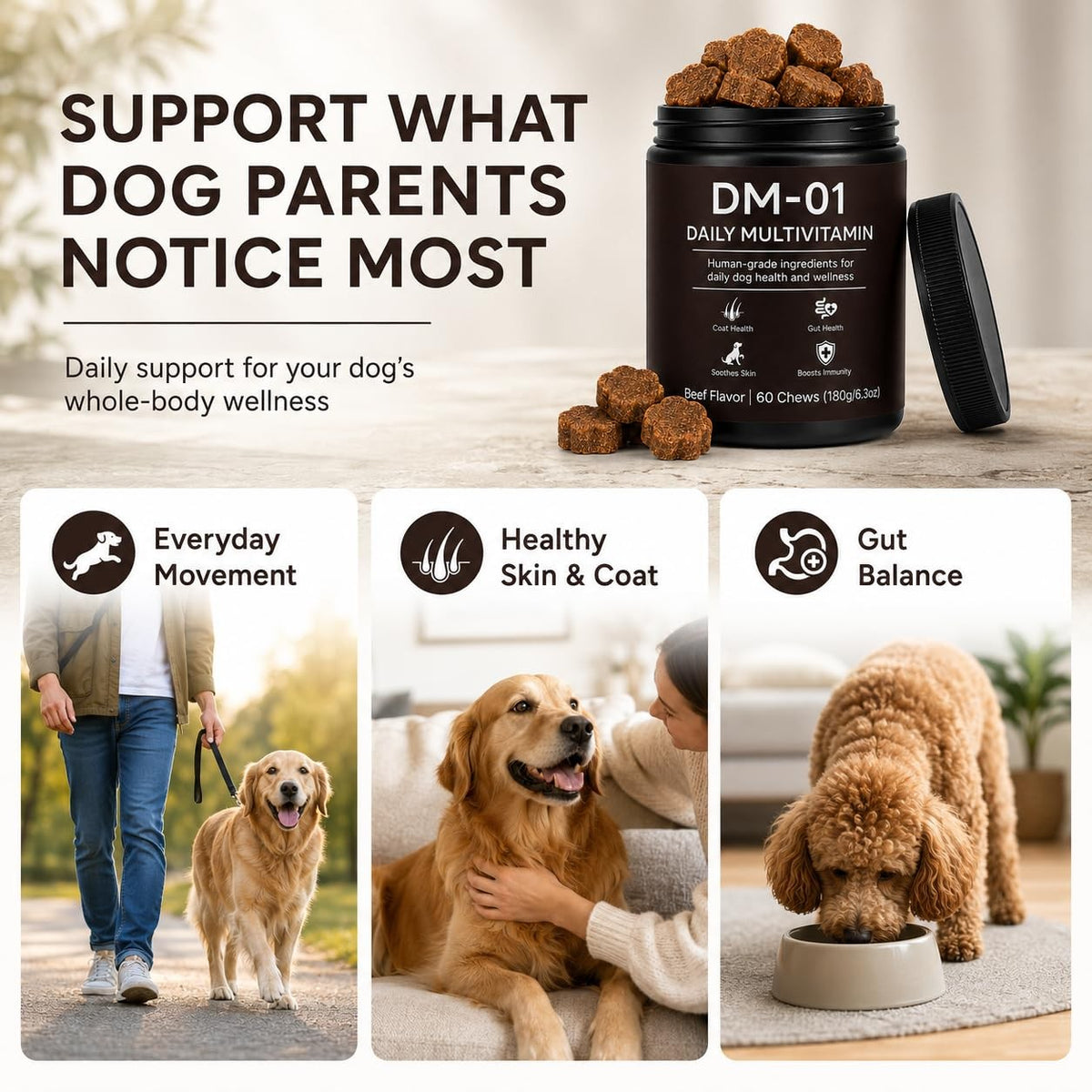 Dog Multivitamin Soft Chews, 12-in-1 Joint, Gut and Coat Support, Beef Flavor - NEW!