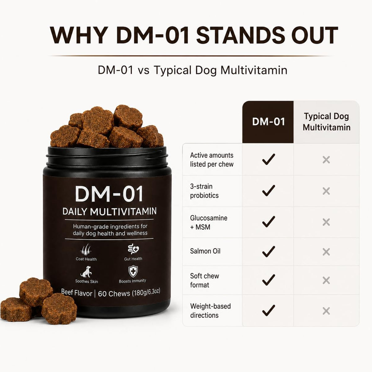 Dog Multivitamin Soft Chews, 12-in-1 Joint, Gut and Coat Support, Beef Flavor - NEW!