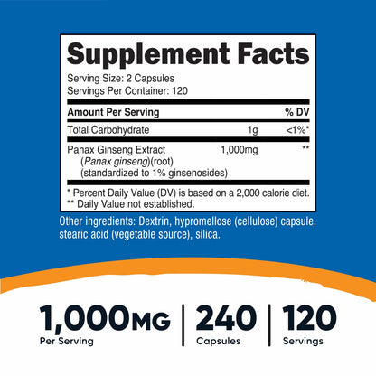 Nutricost Panax Ginseng 1000mg, 240 Capsules- Gluten Free, Non GMO Supplement-exp05/27