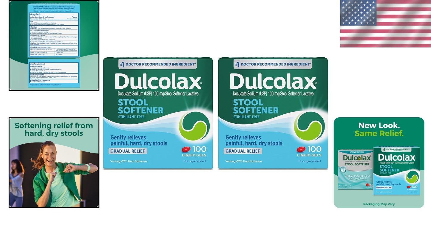 Dulcolax Gentle Stool Softener Capsules, 2 Pack - 200 Gel Capsules - Exp. 2/28