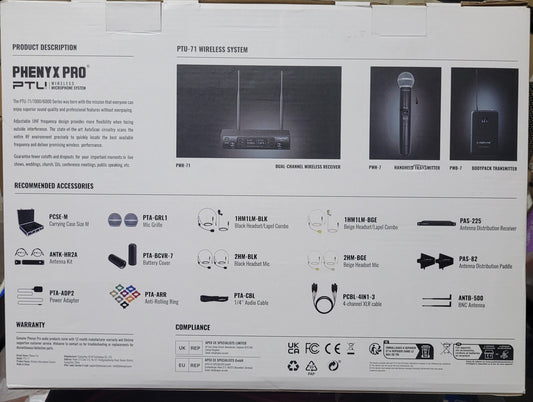Phenyx Pro PTU71 Wireless Microphone System, 328ft Range, Black - New!
